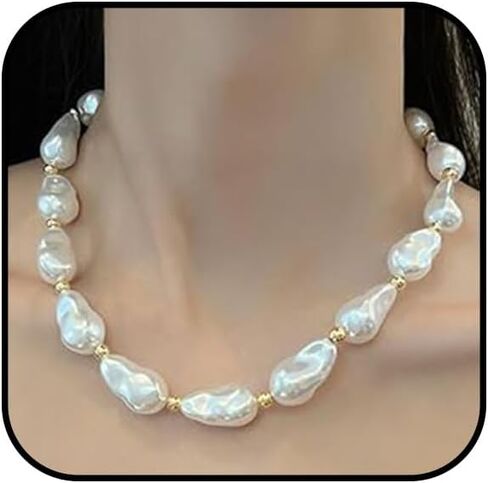Chunky Pearl Necklace for Women Baroque Pearl Choker Necklace White Freshwater Pearl Necklace Dainty Irregular Large Pearl Necklace Thick Pearl Beaded Chain Necklace in Kuwait
