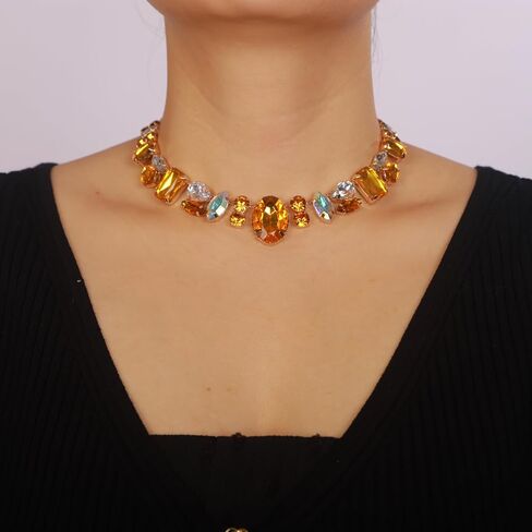 Chargances Charm Blue Full Rhinestone Necklace Sparkle Geometric Crystal Choker Luxurious Statement Short Neck Chunky Chain Collar for Women in Saudi Arabia