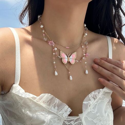 WCRAZYE Fairy Butterfly Pendant Necklace for Y2K Charm Heart Butterfly Tassel Necklace Women Bohemian Costume Jewelry in Saudi Arabia