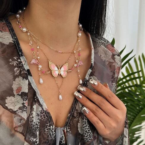 WCRAZYE Fairy Butterfly Pendant Necklace for Y2K Charm Heart Butterfly Tassel Necklace Women Bohemian Costume Jewelry in Saudi Arabia