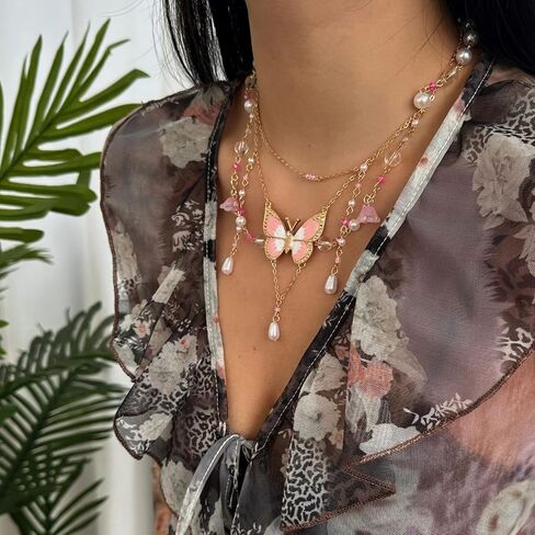 WCRAZYE Fairy Butterfly Pendant Necklace for Y2K Charm Heart Butterfly Tassel Necklace Women Bohemian Costume Jewelry in Saudi Arabia