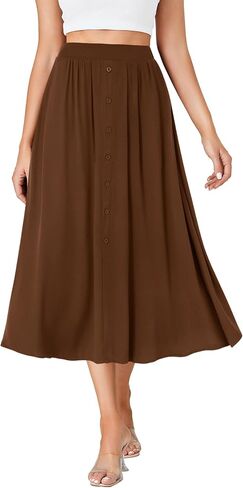 LYANER Women's High Elastic Waist Pleated Flare A Line Midi Skirt with Pockets in Saudi Arabia