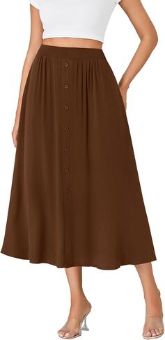 LYANER Women's High Elastic Waist Pleated Flare A Line Midi Skirt with Pockets in Saudi Arabia