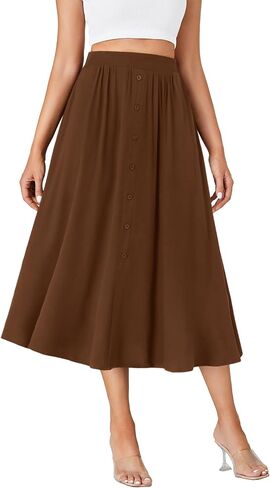 LYANER Women's High Elastic Waist Pleated Flare A Line Midi Skirt with Pockets in Saudi Arabia