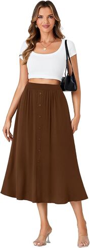 LYANER Women's High Elastic Waist Pleated Flare A Line Midi Skirt with Pockets in Saudi Arabia