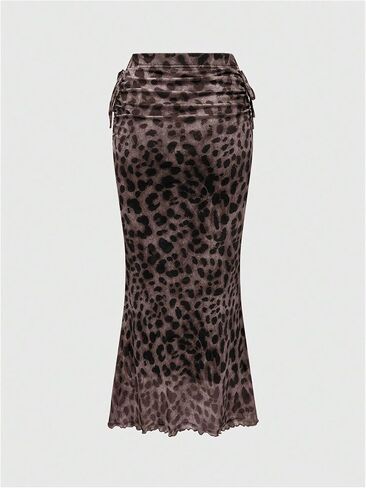 Milumia Women Leopard Print Ruched Tie Side Side Skirt Meesh Mesh Midi Virts in Saudi Arabia