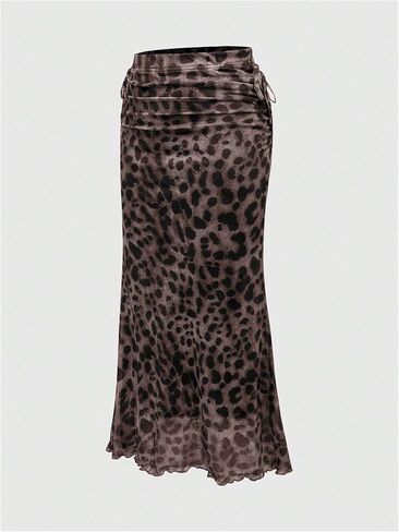 Milumia Women Leopard Print Ruched Tie Side Side Skirt Meesh Mesh Midi Virts in Saudi Arabia