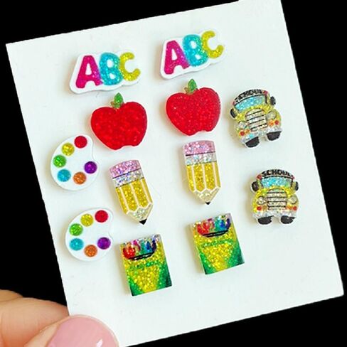 أقراط معلم معلمين لامعة تتلألأ ABC Pencil Paint Palette Crayon Stud أقراط تعيد التخرج مرة أخرى إلى هدايا المدار in Kuwait