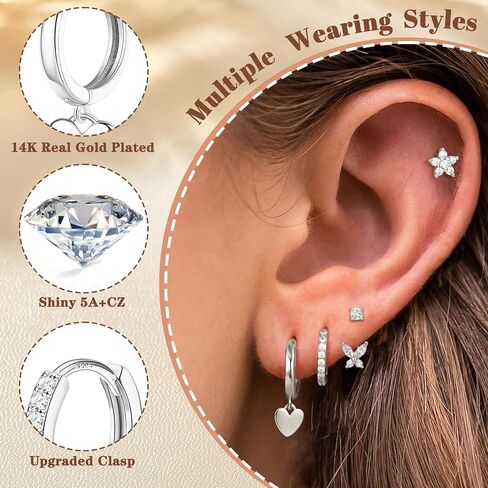 4 Pairs Sterling Silver Hypoallergenic Earrings for Women 14K Gold Plated Stud Hoop Earrings Stacks for Multiple Piercings Sensitive Ears Cartilage Huggie Earring Jewelry Gifts in Saudi Arabia