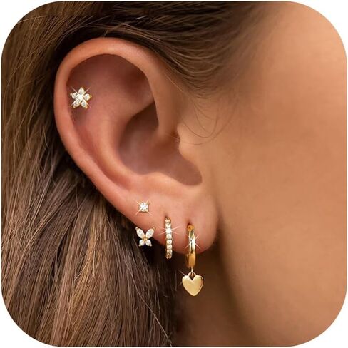 4 Pairs Sterling Silver Hypoallergenic Earrings for Women 14K Gold Plated Stud Hoop Earrings Stacks for Multiple Piercings Sensitive Ears Cartilage Huggie Earring Jewelry Gifts in Saudi Arabia