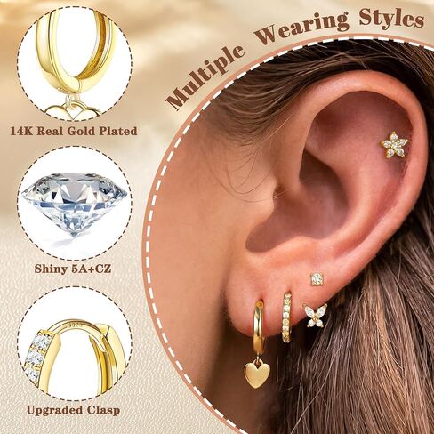 4 Pairs Sterling Silver Hypoallergenic Earrings for Women 14K Gold Plated Stud Hoop Earrings Stacks for Multiple Piercings Sensitive Ears Cartilage Huggie Earring Jewelry Gifts in Saudi Arabia