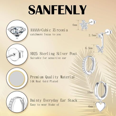 4 Pairs Sterling Silver Hypoallergenic Earrings for Women 14K Gold Plated Stud Hoop Earrings Stacks for Multiple Piercings Sensitive Ears Cartilage Huggie Earring Jewelry Gifts in Saudi Arabia