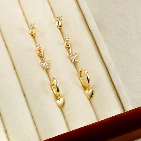 4 Pairs Sterling Silver Hypoallergenic Earrings for Women 14K Gold Plated Stud Hoop Earrings Stacks for Multiple Piercings Sensitive Ears Cartilage Huggie Earring Jewelry Gifts in Saudi Arabia