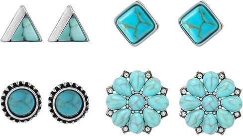 Dreuyet Turquoise Stud Earrings Set for Women Handmade Gemstone Oval Round Flower Cut Shape Square Studs Earrings Boho Turquoise Earrings Trendy Jewelry in Saudi Arabia