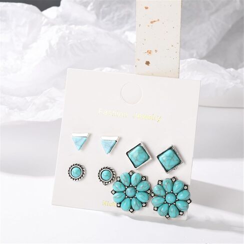 Dreuyet Turquoise Stud Earrings Set for Women Handmade Gemstone Oval Round Flower Cut Shape Square Studs Earrings Boho Turquoise Earrings Trendy Jewelry in Saudi Arabia