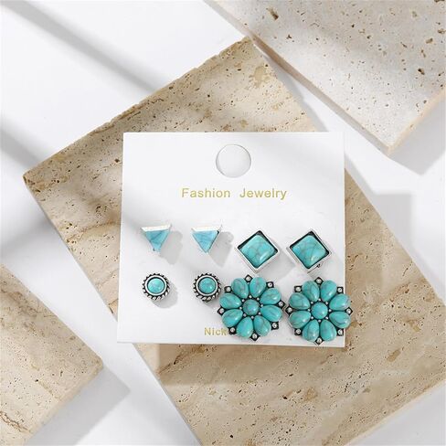 Dreuyet Turquoise Stud Earrings Set for Women Handmade Gemstone Oval Round Flower Cut Shape Square Studs Earrings Boho Turquoise Earrings Trendy Jewelry in Saudi Arabia