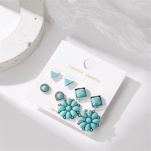 Dreuyet Turquoise Stud Earrings Set for Women Handmade Gemstone Oval Round Flower Cut Shape Square Studs Earrings Boho Turquoise Earrings Trendy Jewelry in Saudi Arabia