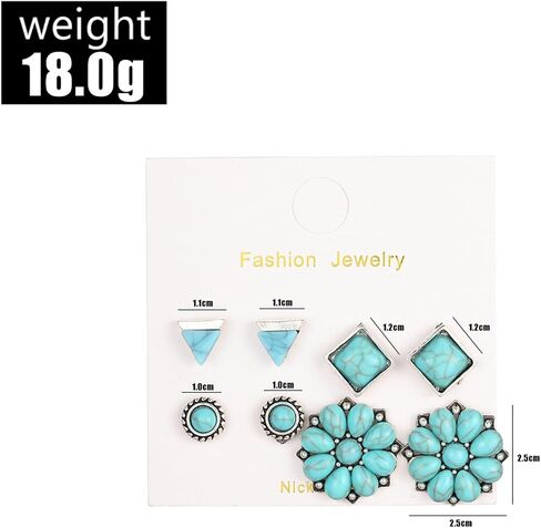 Dreuyet Turquoise Stud Earrings Set for Women Handmade Gemstone Oval Round Flower Cut Shape Square Studs Earrings Boho Turquoise Earrings Trendy Jewelry in Saudi Arabia