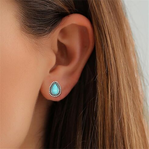 Dreuyet Turquoise Stud Earrings Set for Women Handmade Gemstone Oval Round Flower Cut Shape Square Studs Earrings Boho Turquoise Earrings Trendy Jewelry in Saudi Arabia