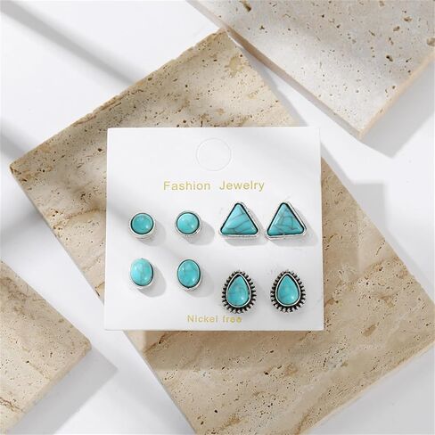 Dreuyet Turquoise Stud Earrings Set for Women Handmade Gemstone Oval Round Flower Cut Shape Square Studs Earrings Boho Turquoise Earrings Trendy Jewelry in Saudi Arabia