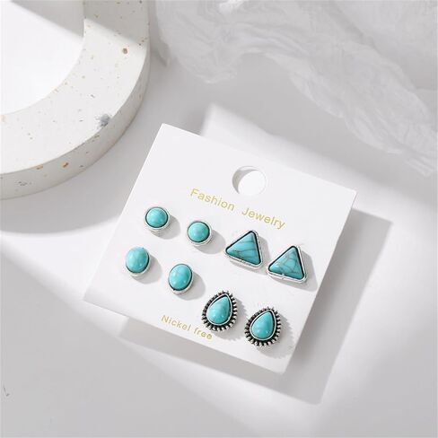 Dreuyet Turquoise Stud Earrings Set for Women Handmade Gemstone Oval Round Flower Cut Shape Square Studs Earrings Boho Turquoise Earrings Trendy Jewelry in Saudi Arabia