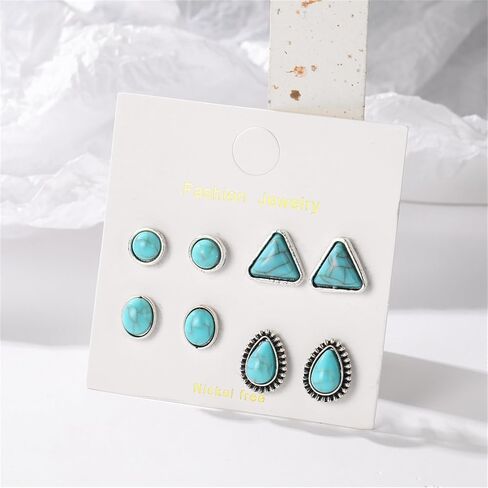 Dreuyet Turquoise Stud Earrings Set for Women Handmade Gemstone Oval Round Flower Cut Shape Square Studs Earrings Boho Turquoise Earrings Trendy Jewelry in Saudi Arabia