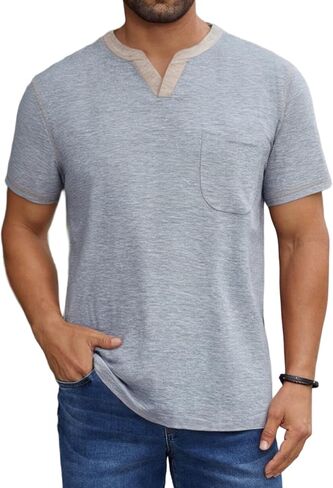 Men's Casual Henley Shirt Short Sleeve Summer V Neck Solid T-Shirt Tops Whith Pocket in Saudi Arabia