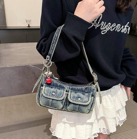 Y2K Denim Purse for Women Vintage Shoulder Bag Small Top Handle Clutch Punk Underarm Handbag with Multiple Pockets 2025 in Kuwait