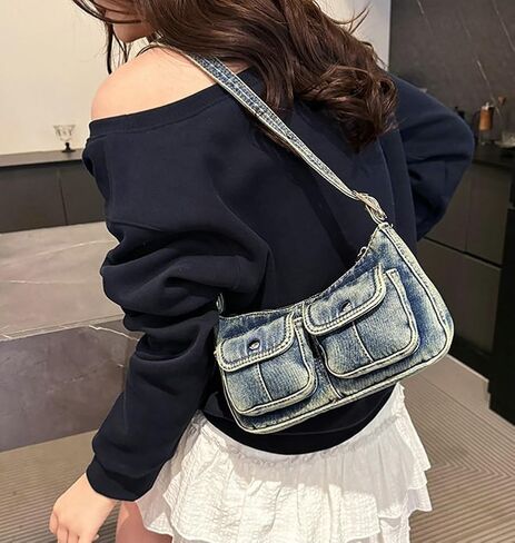 Y2K Denim Purse for Women Vintage Shoulder Bag Small Top Handle Clutch Punk Underarm Handbag with Multiple Pockets 2025 in Kuwait