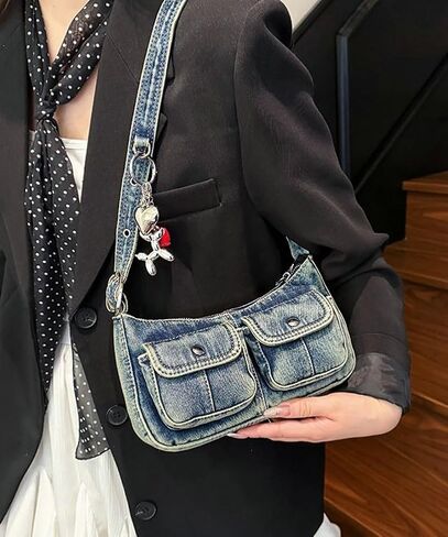 Y2K Denim Purse for Women Vintage Shoulder Bag Small Top Handle Clutch Punk Underarm Handbag with Multiple Pockets 2025 in Kuwait