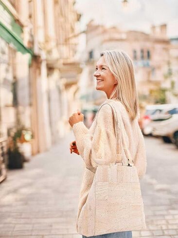 Cork Shoulder Tote Bag for Women, Natural Cork Material, 11L x 10H x 3.5D inches, Light Beige in Saudi Arabia