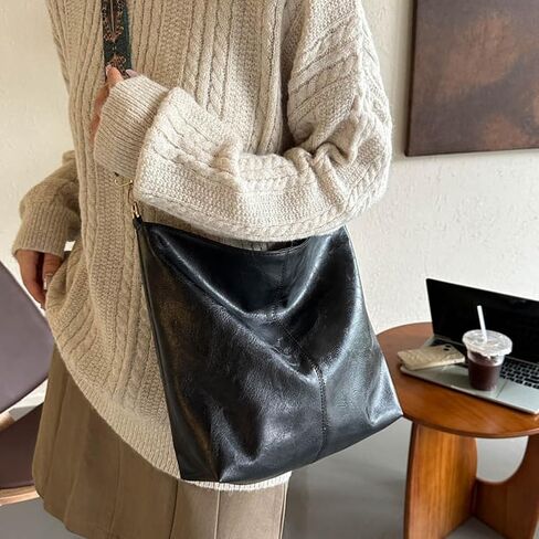 Hobo Crossbody Bag for Women Vegan PU Leather Shoulder Purses Brown Stylish Wide Guitar Strap Tote Bucket Bag with Zipper for Working, Shopping, Traveling, Daily Use, Gifts in Kuwait