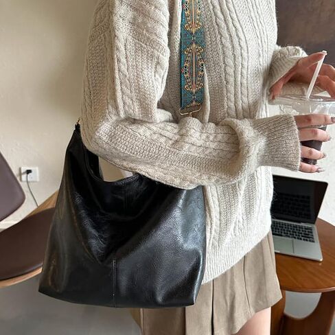 Hobo Crossbody Bag for Women Vegan PU Leather Shoulder Purses Brown Stylish Wide Guitar Strap Tote Bucket Bag with Zipper for Working, Shopping, Traveling, Daily Use, Gifts in Kuwait