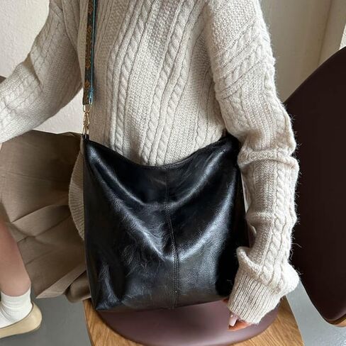 Hobo Crossbody Bag for Women Vegan PU Leather Shoulder Purses Brown Stylish Wide Guitar Strap Tote Bucket Bag with Zipper for Working, Shopping, Traveling, Daily Use, Gifts in Kuwait