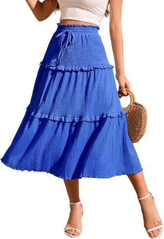 Meetjen Women's Summer Flowy Boho Midi Tier Shown Skirt مرنة عالية الخصر عارضًا خطوطًا شاطئًا عصريًا طويلًا in Kuwait