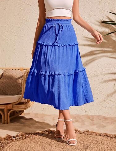 Meetjen Women's Summer Flowy Boho Midi Tier Shown Skirt مرنة عالية الخصر عارضًا خطوطًا شاطئًا عصريًا طويلًا in Kuwait