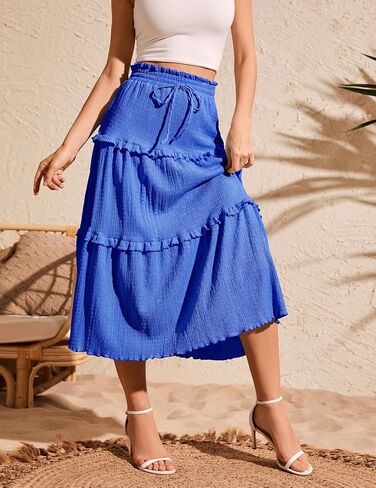 Meetjen Women's Summer Flowy Boho Midi Tier Shown Skirt مرنة عالية الخصر عارضًا خطوطًا شاطئًا عصريًا طويلًا in Kuwait