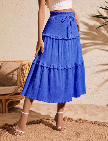 Meetjen Women's Summer Flowy Boho Midi Tier Shown Skirt مرنة عالية الخصر عارضًا خطوطًا شاطئًا عصريًا طويلًا in Kuwait