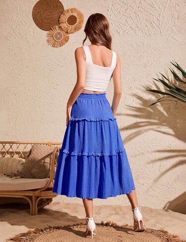 Meetjen Women's Summer Flowy Boho Midi Tier Shown Skirt مرنة عالية الخصر عارضًا خطوطًا شاطئًا عصريًا طويلًا in Kuwait