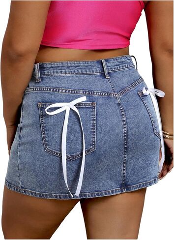 Wdirara Women's Plus Size Bow Knot Denim Mini Mini Skirty Stready High Pheacted Bodycon Jean تنانير in Kuwait