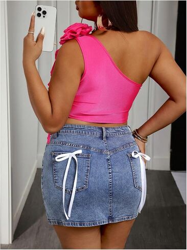 Wdirara Women's Plus Size Bow Knot Denim Mini Mini Skirty Stready High Pheacted Bodycon Jean تنانير in Kuwait