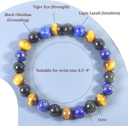 8MM Triple Protection Stone Bracelet – Black Obsidian, Tiger Eye, Lapis Lazuli | Healing Crystal Bracelet for Women & Men | Spiritual Jewelry Gift for Father’s Day, Birthdays in Saudi Arabia