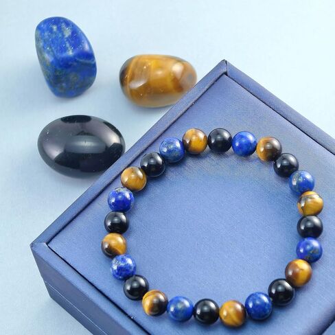 8MM Triple Protection Stone Bracelet – Black Obsidian, Tiger Eye, Lapis Lazuli | Healing Crystal Bracelet for Women & Men | Spiritual Jewelry Gift for Father’s Day, Birthdays in Saudi Arabia