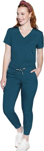 Med Couture Women's Scrub Set with V- Neck Scrub Top MC7448 and 2-Way Stretch Pants 7710, Caribbean - L Top/L Pant in Saudi Arabia