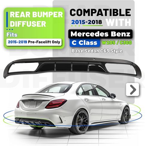 Rear Bumper Diffuser Compatible with 2015-2019 Mercedes Benz C Class W205/C300 Base Sedan C63 Style Rear Lower Bumper Lip Splitter Valance Bumper Spoiler, Plastic(PP) Painted Gloss Black in Saudi Arabia