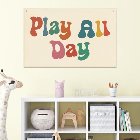 Playroom Decor Play All Day Banner Boho Nursery Bedroom Decor 22x33In Canvas Flag Banner Wall Hanging Banners Flag Decor for Toddler Boy Kids Room Nursery Playroom in Saudi Arabia