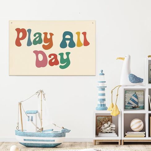 Playroom Decor Play All Day Banner Boho Nursery Bedroom Decor 22x33In Canvas Flag Banner Wall Hanging Banners Flag Decor for Toddler Boy Kids Room Nursery Playroom in Saudi Arabia