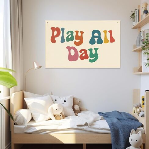 Playroom Decor Play All Day Banner Boho Nursery Bedroom Decor 22x33In Canvas Flag Banner Wall Hanging Banners Flag Decor for Toddler Boy Kids Room Nursery Playroom in Saudi Arabia