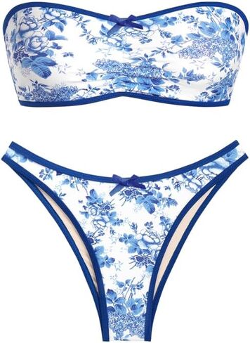 seamoly Vintage Blue Gingham Bow Decor Ruched Lace Up Bandeau Bikini Set in Saudi Arabia