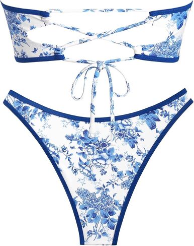 seamoly Vintage Blue Gingham Bow Decor Ruched Lace Up Bandeau Bikini Set in Saudi Arabia